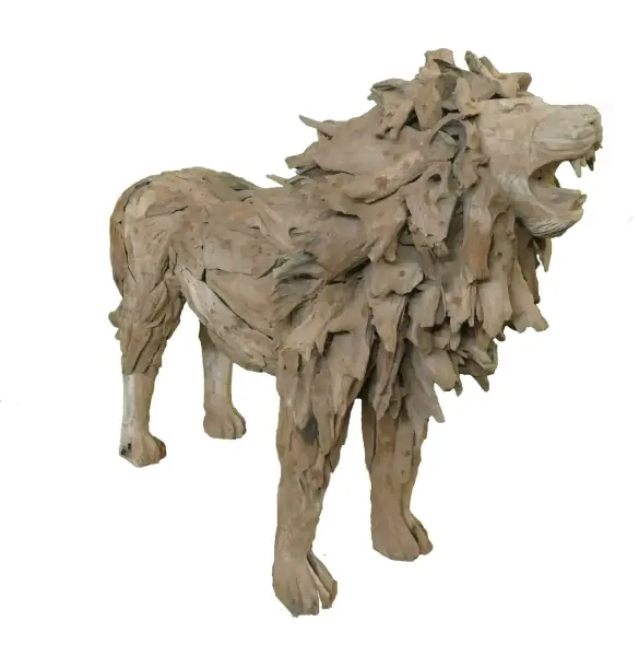 Product image 1 of the product “Standing royal Lion made from teak root pieces. About 200cm length and 115cm height. ”